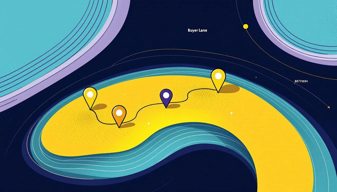 Editorial illustration of a topographic map with tiered prospect pins and a trade-flow arc for the Markets & Locations lane.